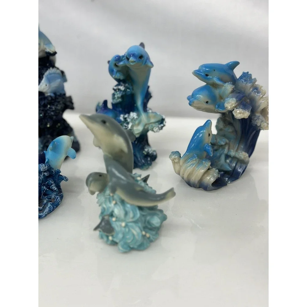 Marine Sea Ocean Set of 7 Blue Dolphins Swimming Over Giant Reef Waves Figurine